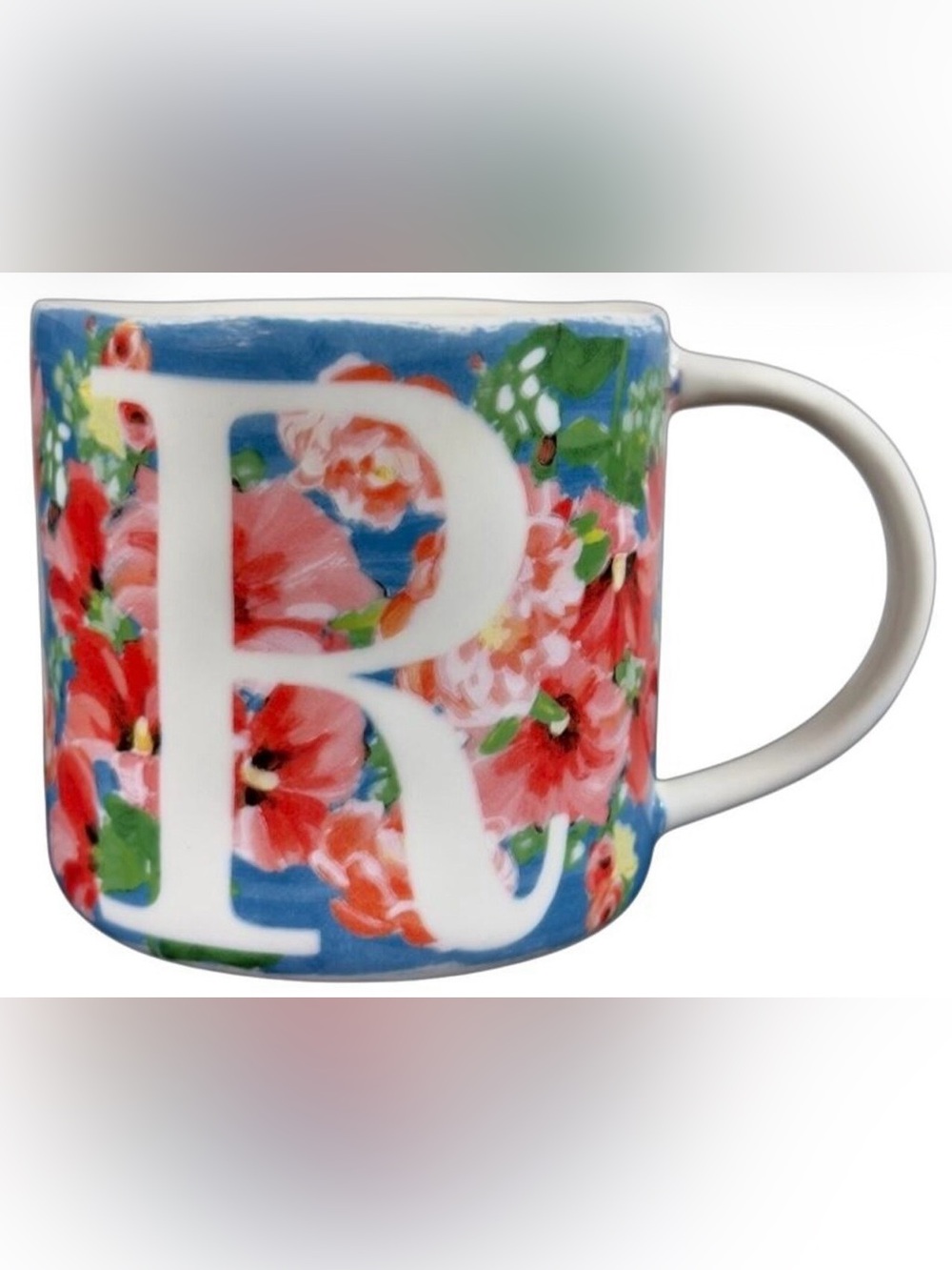 Anthropologie Dawn Mug Letter R Pink Blue Floral Coffee Tea Stoneware Monogram